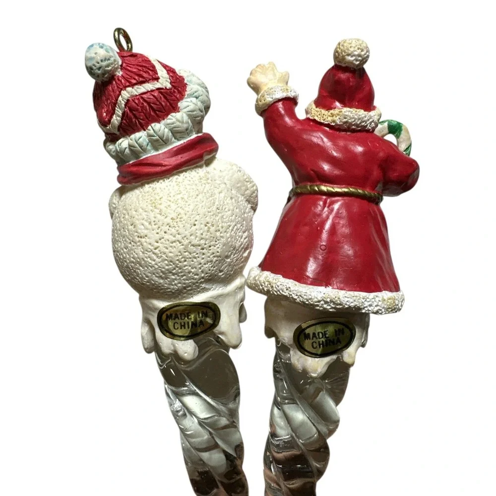 AVON Icicle Fun Ornaments Set of 2 - Vintage 1995 - Snowman & Santa Clear Icicle